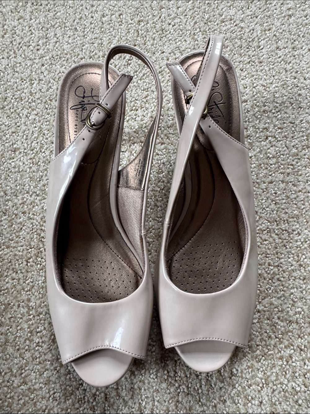 Life Stride Women's Taupe Patent Slingback Peekaboo-Toe Heel